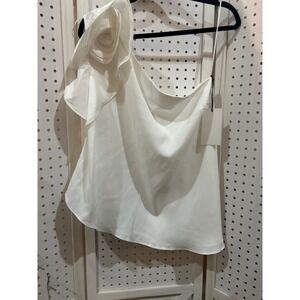 MILK + HONEY White One Shoulder Ruffle Flower Detail Top